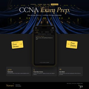 以下が含まれることがあります： CCNA試験対策のデジタル広告。画像には、学習ガイドを表示するスマートフォンがあり、「CCNA Exam Prep」というテキストが表示されています。フラッシュカードや模擬試験などの機能が追加テキストで強調されています。背景には青いネットワークケーブルが表示されています。