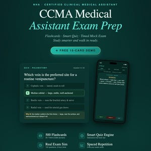 Op de afbeelding: Een donkergroene digitale interface voor CCMA Medical Assistant examenvoorbereiding met een flebotomie-quizvraag op een scherm, een smartphone met studie-inhoud en tekst met functies zoals 500 flashcards en een slimme quiz-engine.