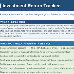 以下が含まれることがあります： 青いヘッダーが付いた「Investment Return Tracker」というタイトルのデジタルドキュメント。このドキュメントは、投資の追跡、損益計算、ポートフォリオの成長の監視などの機能を説明しています。ファイルで何ができるかのリストが含まれています。