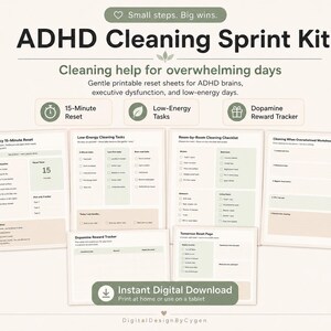 Könnte beinhalten: ADHS-Reinigungs-Sprint-Kit mit druckbaren Reset-Blättern. Das Bild zeigt mehrere Seiten mit Checklisten und Trackern, darunter ein 15-Minuten-Reset, Low-Energy-Aufgaben und ein Dopamin-Belohnungs-Tracker. Der Text lautet "Kleine Schritte. Große Siege."