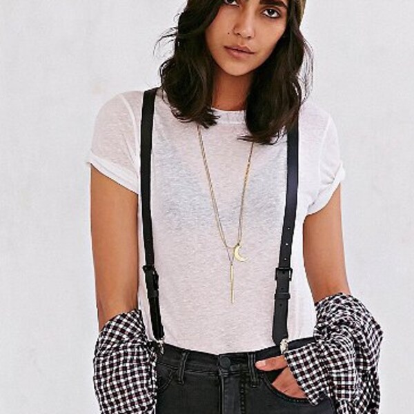 JAKIMAC Damen Schwarze Leder Hosenträger / 3/4 "Breite Echtleder Verstellbare Hosenträger