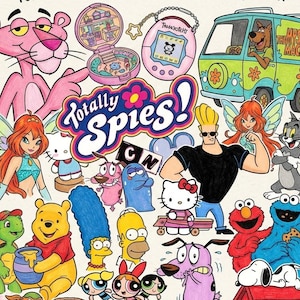 May include: A coloring book titled Nostalgia 90s-2000 for ADHD: A Busy Brains Coloring Book. The cover features colorful hand-drawn illustrations of various cartoon characters, a Tamagotchi, a flip phone, a CD player, and the Mystery Machine van.