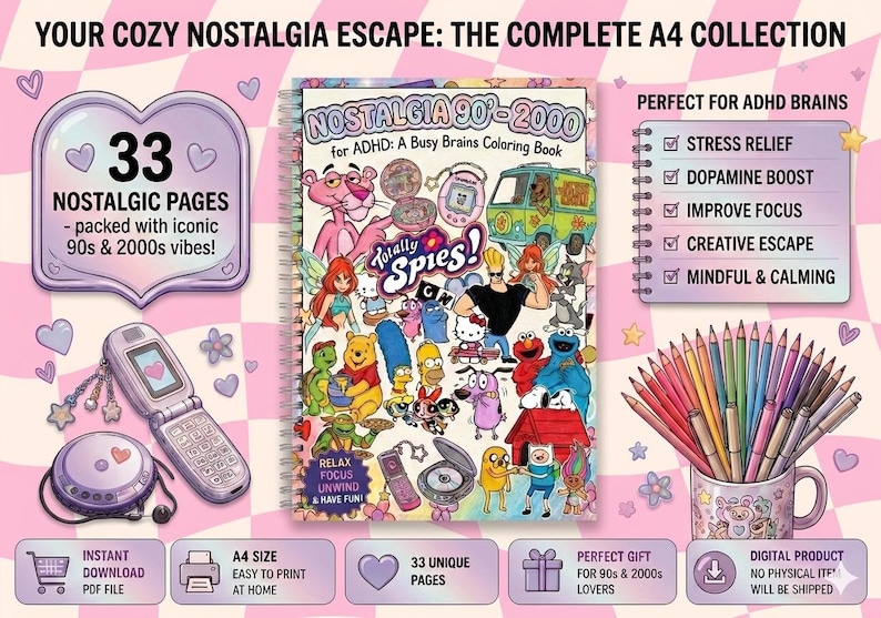 90s 2000s Nostalgic Coloring Book for ADHD | Y2K Retro Cozy Pages (Digital Download) image 5