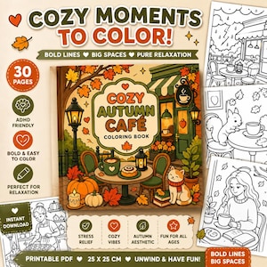 Pode incluir: Um livro de colorir intitulado Cozy Autumn Cafe com 30 páginas de ilustrações com tema de outono. A capa mostra uma cena de café com um gato, abóboras e folhas de outono. Inclui texto como Bold Lines, Big Spaces e Instant Download.