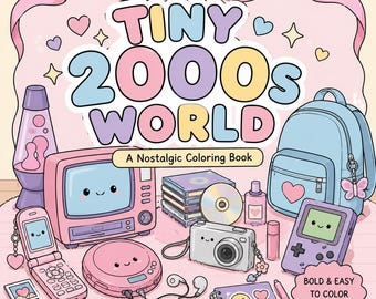 Y2K Nostalgia Coloring Book: Tiny 2000s Retro Scenes, Kawaii Style (Digital Download)