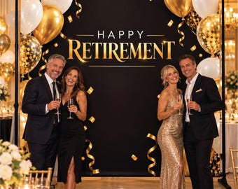 May include: A black backdrop featuring the gold text HAPPY RETIREMENT, decorated with white and gold balloons, gold confetti, and gold ribbon streamers. The banner is mounted on a black metal frame stand, creating a festive display.