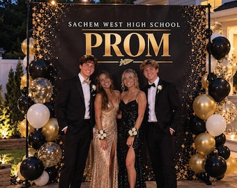 May include: A black and gold prom backdrop for Sachem West High School featuring a large gold PROM title, surrounded by a balloon arch of black, gold, and clear confetti-filled balloons, set against a dark background with gold speckles.