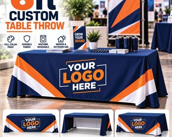 May include: A 6ft custom table throw featuring a navy blue fabric base with diagonal orange and white stripes. The center displays the text 'YOUR LOGO HERE' in white and orange. Includes front, 3-sided, and 4-sided display options.