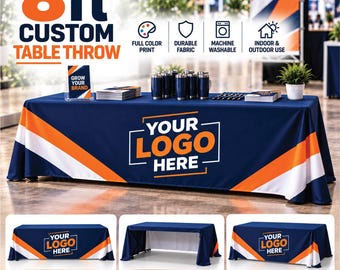 May include: An 8ft custom table throw featuring a navy blue fabric with orange and white diagonal stripes. The center displays the text 'YOUR LOGO HERE' in white and orange. Includes icons for full color print, durable fabric, machine washable, and indoor/outdoor use.