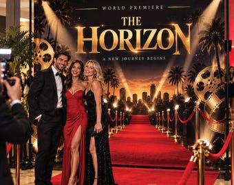 May include: A large black step and repeat backdrop for a movie premiere titled The Horizon, A New Journey Begins. The banner features gold text, palm tree silhouettes, and film reel graphics, positioned behind a red carpet with gold stanchions.