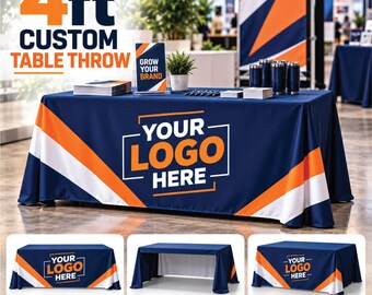 May include: A 4ft custom table throw in navy blue with orange and white diagonal stripes. The center features the text YOUR LOGO HERE. The image displays front, 3-sided open back, and 4-sided full coverage views of the rectangular fabric cover.