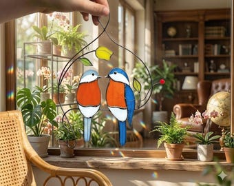 Blue bird stained glass suncatcher pair – handcrafted window hanging decor.