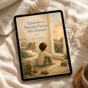 May include: A digital tablet displays a book cover with the title "Quando o Mundo Ficava Alto Demais" and the subtitle "Dentro do Peito." The illustration depicts a child looking out a window at a cityscape. A teddy bear and wooden toys are on the rug.