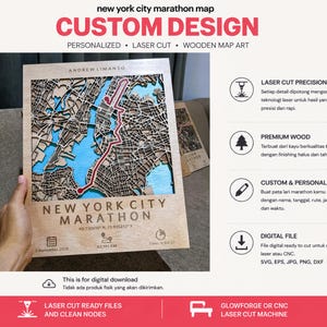 May include: A rectangular wooden laser-cut map of the New York City marathon route featuring blue water sections, a red path line, and engraved text including the name Andrew Limanto, New York City Marathon, coordinates, date, distance, and time.