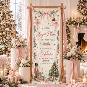 May include: A vertical fabric banner featuring a Christmas-themed baby shower design with illustrations of ballerinas, a nutcracker, and a decorated tree. The text reads: A LITTLE Sugar Plum IS ON THE WAY WELCOME TO Sophia's BABY SHOWER December 20, 2026.