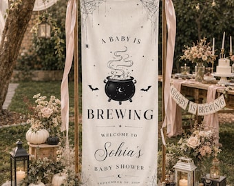 Personalized Halloween Baby Shower Banner, A Baby Is Brewing Sign, Witch Baby Shower Backdrop, Spooky Fall Baby Shower Decor