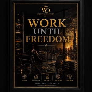 Peut inclure: Affiche encadrée avec le texte "WORK UNTIL FREEDOM" en lettres dorées. L'affiche présente un paysage urbain au coucher du soleil, une personne à un bureau et des icônes représentant la concentration, le travail acharné, la patience, la discipline et la liberté.