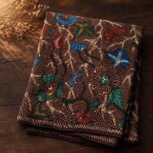 Tissu Batik Tulis dessiné à la main, textile de coton javanais traditionnel (39" x 78"), motif Tegal Manggaran, feuille de Batik ourlée