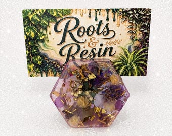 Purple Picture or Card Holder with Faux Flowers