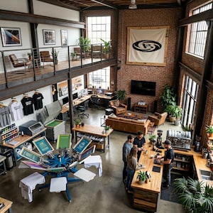 Op de afbeelding: Een werkplaats in industriële stijl met een mezzanine, bakstenen muren en grote ramen. De ruimte beschikt over zeefdrukmachines, werkstations en een koffiebar. Een grote banner met een logo hangt aan de bakstenen muur. Verschillende mensen verzamelen zich bij de koffiebar.