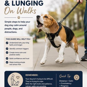 May include: A beagle barks while on a walk, wearing a harness and leash. The image includes text that reads "STOP BARKING & LUNGING On Walks" and offers tips for dog training, such as understanding triggers and building trust.