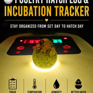 May include: A poultry hatch log and incubation tracker with the text "POULTRY HATCH LOG & INCUBATION TRACKER". The image shows an egg inside an incubator. The text "STAY ORGANIZED FROM SET DAY TO HATCH DAY" is also visible. Icons for tracking eggs, temperature, humidity, and hatch results are shown.
