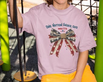 T-shirt One Nation Under God Since 1776, Patriotic American Bow Graphic Tee, 4 juli-shirt, uniseks retro-stijl shirt voor mannen en vrouwen
