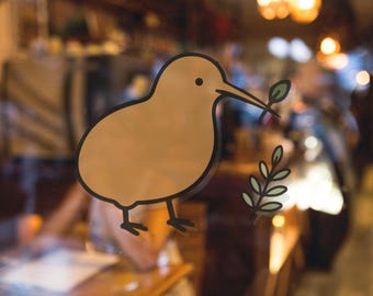 Vierkante vinylsticker Kiwivogel met blad | Leuke illustratie van dieren in het wild