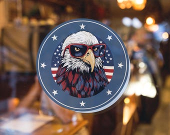 Patriotic Bald Eagle Sticker, Cool Bird With Sunglasses Vinyl Decal, American USA Stars For Laptop Car Window 4th Of July Gift