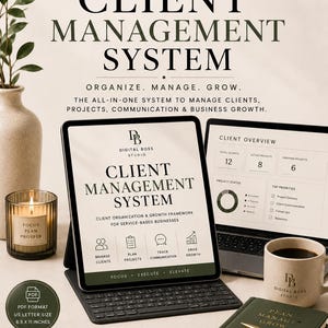 May include: A digital client management system displayed on a tablet and laptop screen. The interface features text including Digital Boss Studio, Client Management System, and project tracking metrics. Includes a PDF format 8.5 x 11 inches label.