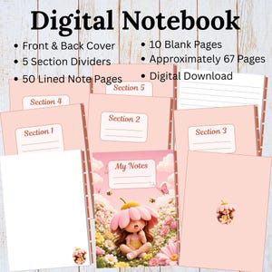 May include: A digital notebook featuring a pink cover with a girl wearing a flower hat in a field, including 5 section dividers, 50 lined pages, 10 blank pages, and front and back covers. The text reads Digital Notebook, Section 1-5, and My Notes.