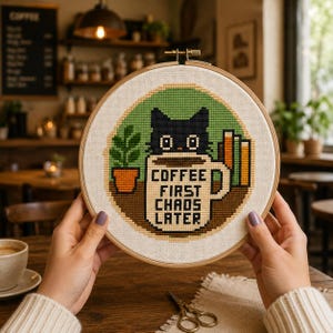 May include: A circular wooden embroidery hoop containing a cross-stitch design of a black cat peeking over a white coffee mug. The mug features the text COFFEE FIRST CHAOS LATER. The design includes a green potted plant and orange books.