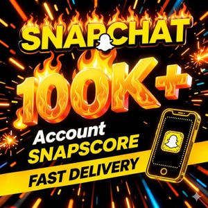 Puede incluir: Gráfico promocional para los servicios de Snapchat. La imagen presenta el logotipo de Snapchat, el texto "SNAPCHAT" y "100K+" en letras 3D ardientes. El texto adicional incluye "Account SNAPSCORE FAST DELIVERY" con un gráfico de teléfono inteligente.