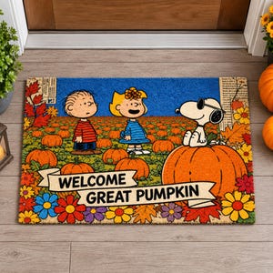 Felpudo de calabaza gigante, felpudo de bienvenida otoñal para perros beagle, decoración de porche con temática de calabazas, alfombra retro de dibujos animados para cachorros, regalo de entrada de otoño para Halloween