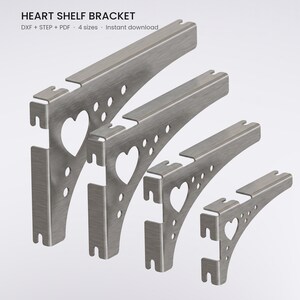 Heart Shelf Bracket DXF STEP PDF - 4 Sizes - Rectangular Heart Cutout with Low Profile Wall Leg - Laser and Plasma Cut File