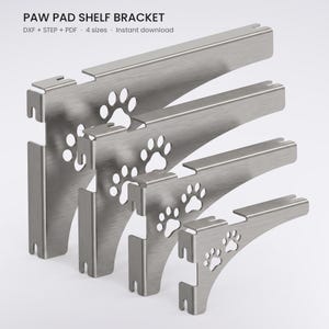 Pfotenabdruck-Regalhalterung (DXF, STEP, PDF) – 4 Größen – Rechteckige Katzen- und Hundepfoten-Aussparung mit flachem Wandfuß – Laser- und Plasmaschnittdatei