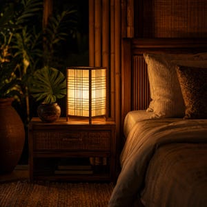 May include: A rectangular wooden table lamp with a grid pattern on the shade, emitting a warm glow. The lamp sits on a wooden nightstand with a woven drawer. A vase with a large leaf and a bed with pillows are in the background.