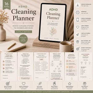 Può includere: Un pianificatore di pulizia ADHD, digitale e stampabile, con 16 pagine. Il pianificatore include sistemi di pulizia delicati per menti sopraffatte. L'immagine mostra un tablet, un taccuino, una penna e una tazza di caffè.