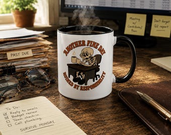Vintage Skeleton Office Mug, Sarcastic Coworker Gift, Funny Burnout Coffee Cup, Retro Cartoon WFH Present, Office Humor, Gift for Boss