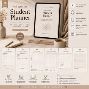 Può includere: Un'agenda digitale per studenti dal design minimalista. L'agenda include sezioni per obiettivi accademici, orari delle lezioni e monitoraggio dei compiti. Il testo sulla copertina recita "The Ultimate Student Planner". L'agenda non è datata e stampabile.
