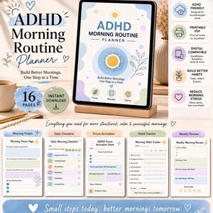 Può includere: Un pianificatore di routine mattutina per ADHD visualizzato su un tablet, che include 16 pagine con una pagina di visione mattutina, lista di controllo giornaliera, foglio di attivazione della concentrazione, tracker delle abitudini e revisione settimanale.
