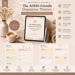 Può includere: Un pianificatore di dopamina per ADHD con 16 pagine. L'immagine mostra un tablet con il pianificatore aperto, una tazza di caffè e un vaso con fiori secchi. Il pianificatore include sezioni per la concentrazione quotidiana, il ripristino settimanale e la definizione degli obiettivi.