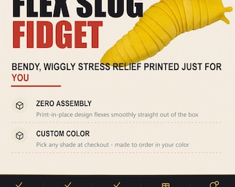 Flex Slug Fidget Toy - Articulated 3D Printed Sensory Slug, Custom Color Print-in-Place Bendy Stress Relief