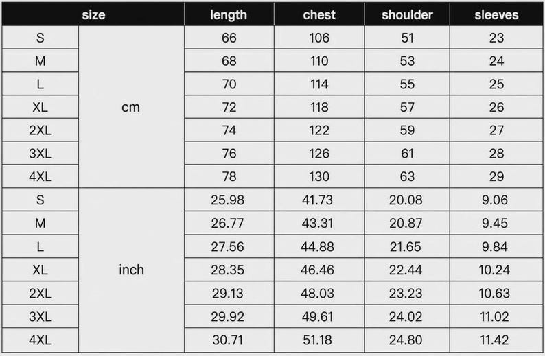 May include: A size chart with measurements for clothing, including length, chest, shoulder, and sleeve dimensions. Sizes range from S to 4XL, with measurements in both centimeters and inches. The chart is on a white background.