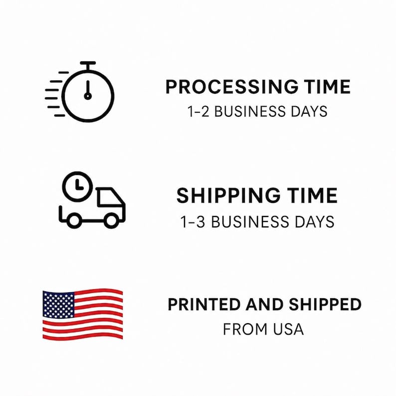 May include: Image with text about processing and shipping times. Includes a graphic of a clock and a delivery truck. The text states "Processing Time 1-2 Business Days" and "Shipping Time 1-3 Business Days". Also includes the American flag.