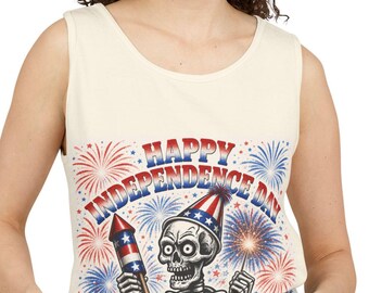 Camiseta sin mangas con diseño de cohete esqueleto para el Día de la Independencia / Fuegos artificiales patrióticos