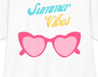Camiseta con estampado de gafas de sol y corazones "Summer Vibes" / Camiseta playera retro en tonos pastel