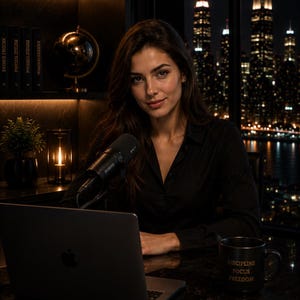 Può includere: Una donna con una camicia nera è seduta a una scrivania con un laptop, un microfono e una tazza di caffè. La tazza recita "Discipline Focus Freedom". Libri e un mappamondo sono su una mensola dietro di lei. Lo skyline della città è visibile attraverso la finestra.