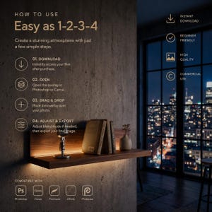 Op de afbeelding: Een houten plank met warm licht, met boeken en een kleine vaas. De afbeelding bevat de tekst "Easy as 1-2-3-4" en instructies voor gebruik met Photoshop en Canva. De achtergrond toont een nachtelijke skyline.