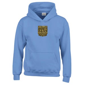 Peut inclure: Un sweat-shirt à capuche bleu clair avec un imprimé graphique central. Le motif est un emblème doré et noir en forme de bouclier contenant le texte POLYBUILT en haut et POLYBUILT DIFFERENT en bas, avec trois personnages illustrés à l'intérieur.